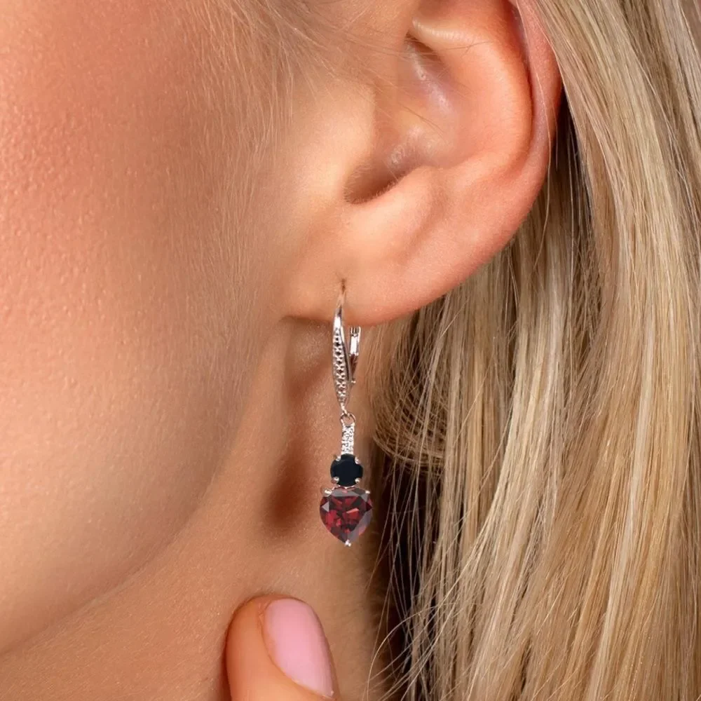 925 Sterling Silver with 3.07 Cttw Red Garnet and Black Onyx Heart Drop Earrings